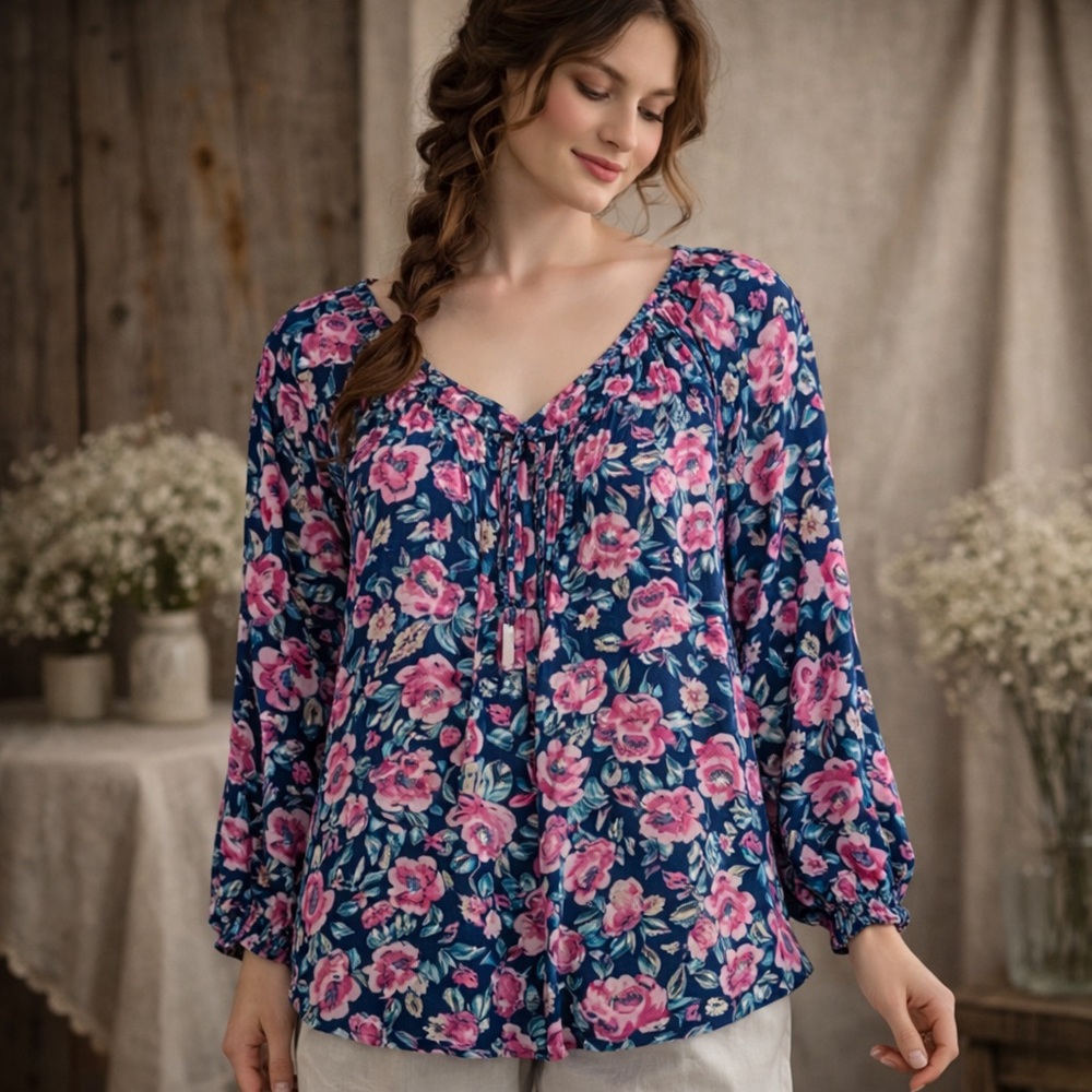 LC Lauren Conrad Floral Print‎ Sheer Button Down Blouse Size Small Multicolored